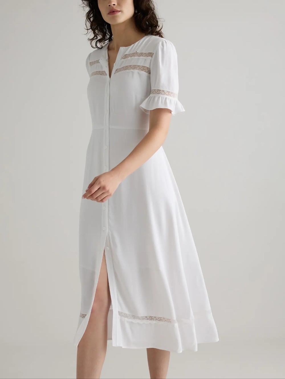 Quince Lightweight Crepe With Lace Insert Midi Dress Ivory NWT